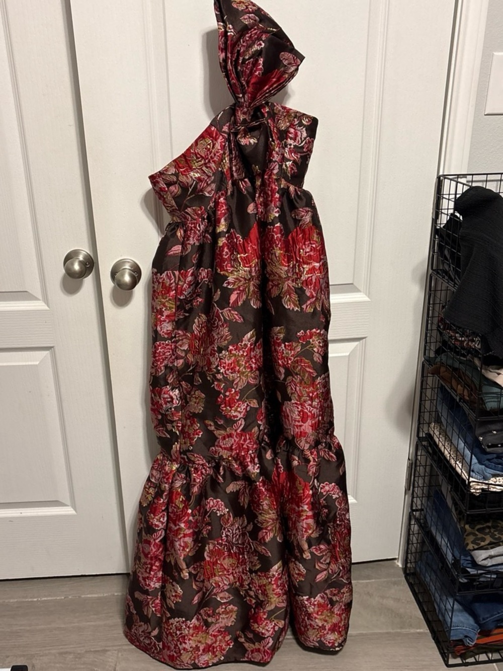 Petal & Pup One-Shoulder Floral Maxi Dress in Burgundy and Brown